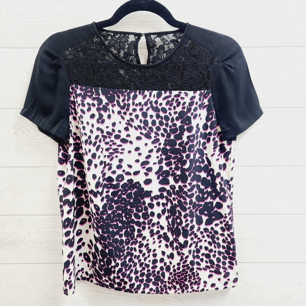 Diane von Furstenberg DVF Pink Black Animal Print Lace Yoke Blouse Top Size 2